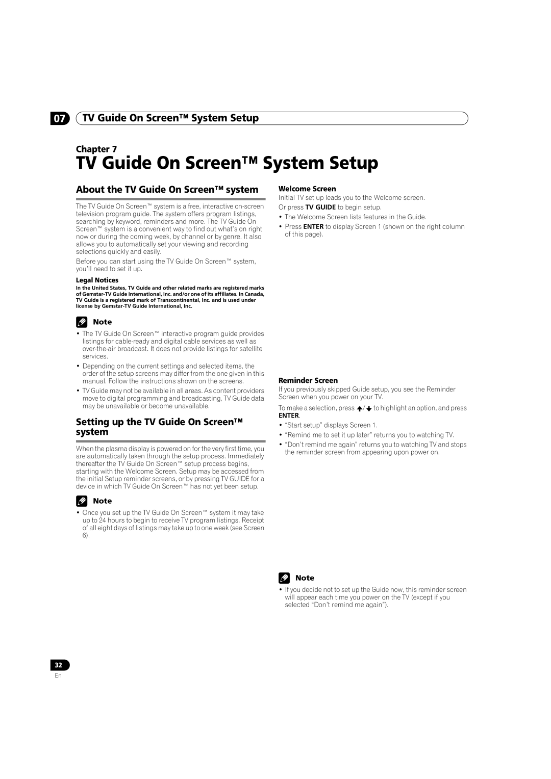 Pioneer PRO-950HD TV Guide On Screen System Setup, About the TV Guide On Screen system, Welcome Screen, Reminder Screen 