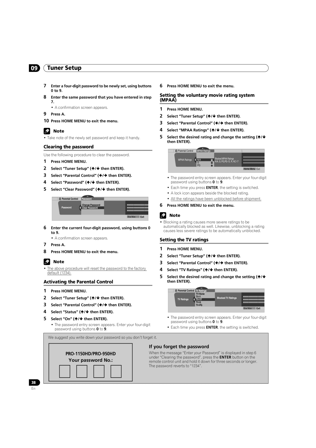 Pioneer PRO-950HD Setting the voluntary movie rating system Mpaa, Clearing the password, Activating the Parental Control 