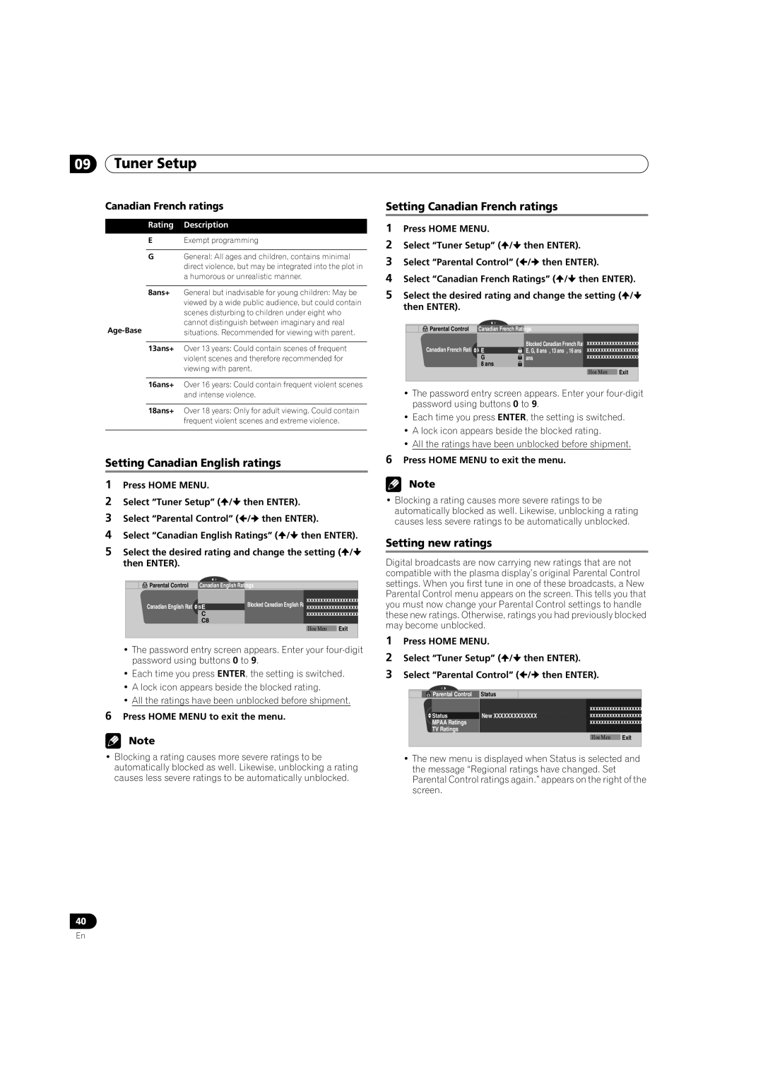 Pioneer PRO-950HD manual Setting Canadian English ratings, Setting Canadian French ratings, Setting new ratings 