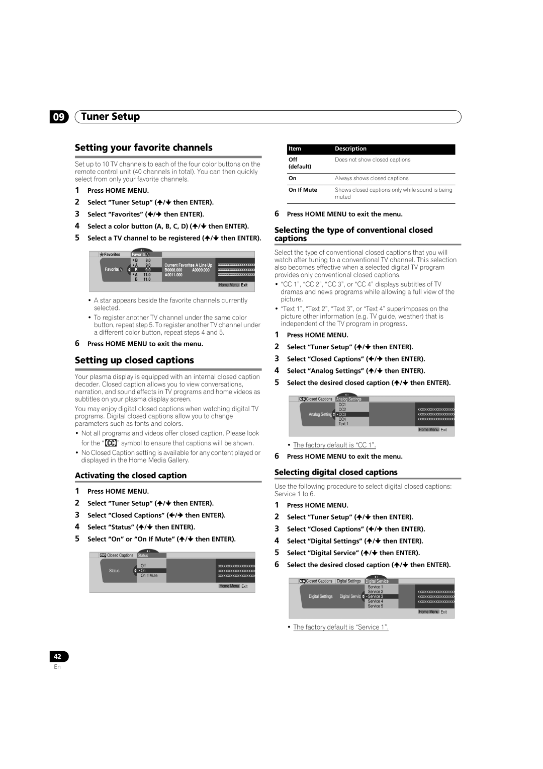 Pioneer PRO-950HD manual Setting your favorite channels, Setting up closed captions, Activating the closed caption 