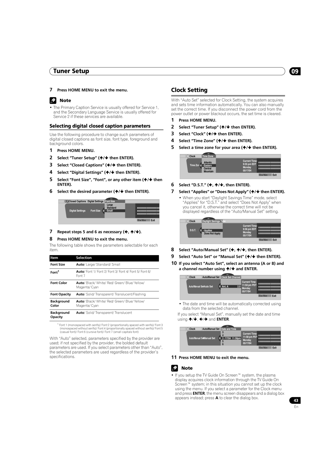 Pioneer PRO-950HD manual Clock Setting, Selecting digital closed caption parameters, Selection 