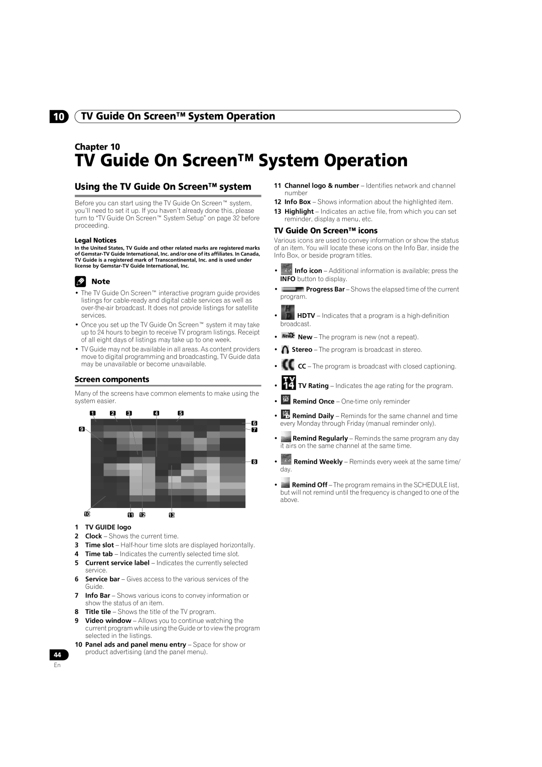 Pioneer PRO-950HD manual TV Guide On Screen System Operation, Using the TV Guide On Screen system, Screen components 