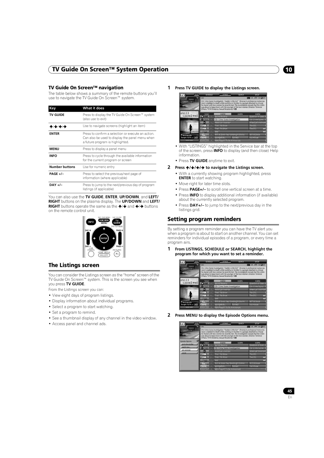 Pioneer PRO-950HD manual Listings screen, Setting program reminders, TV Guide On Screen navigation 