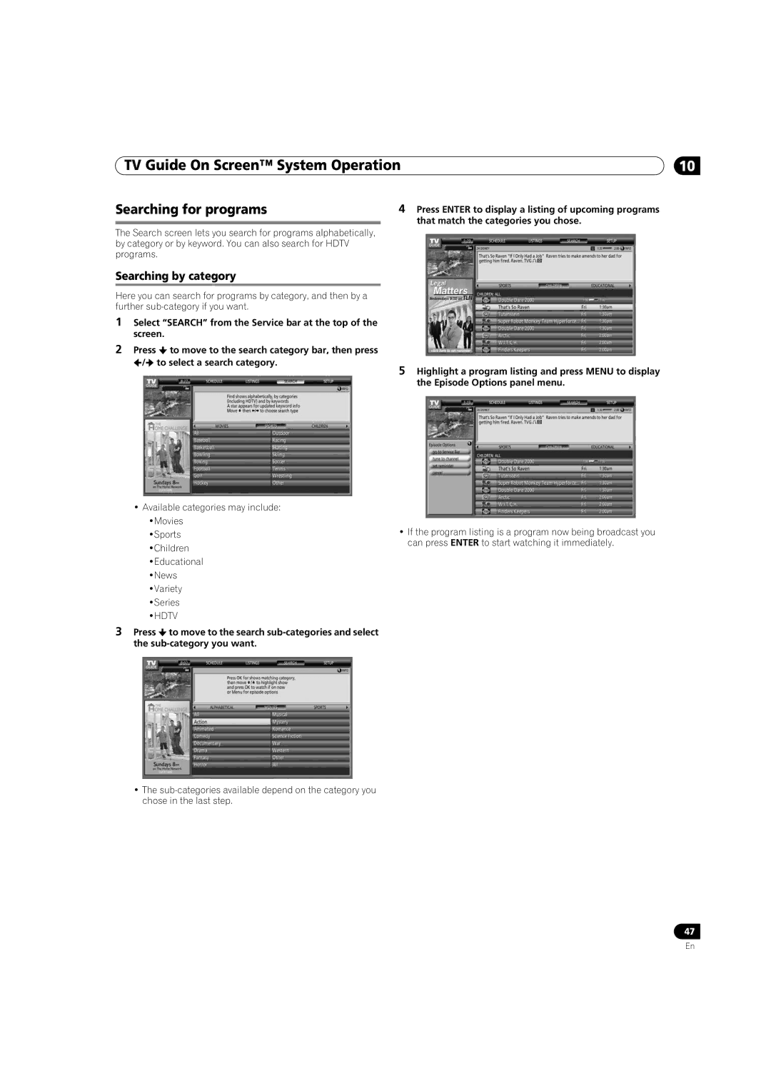 Pioneer PRO-950HD manual Searching for programs, Searching by category 