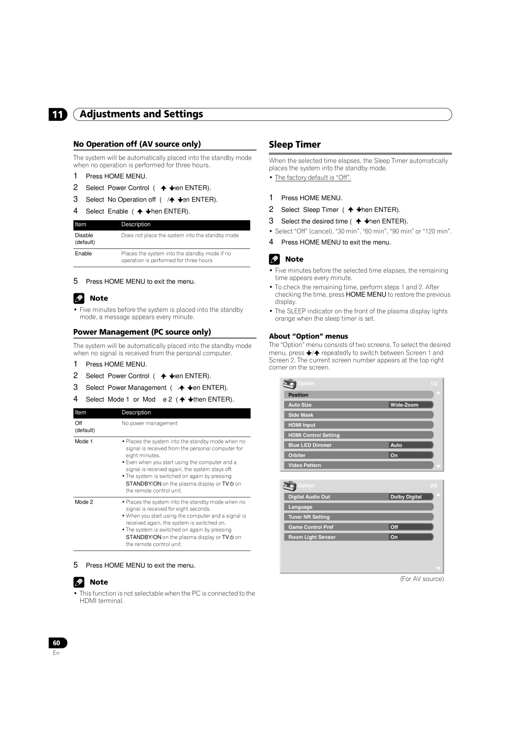 Pioneer PRO-950HD manual Sleep Timer, No Operation off AV source only, Power Management PC source only, About Option menus 