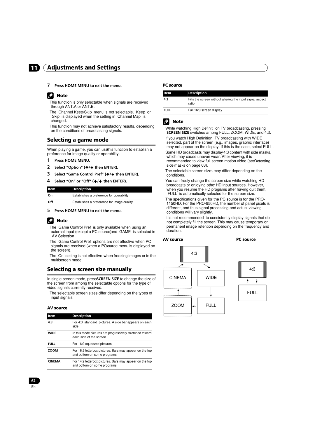 Pioneer PRO-950HD Selecting a game mode, Selecting a screen size manually, PC source, AV source, Cinema Wide Full Zoomfull 