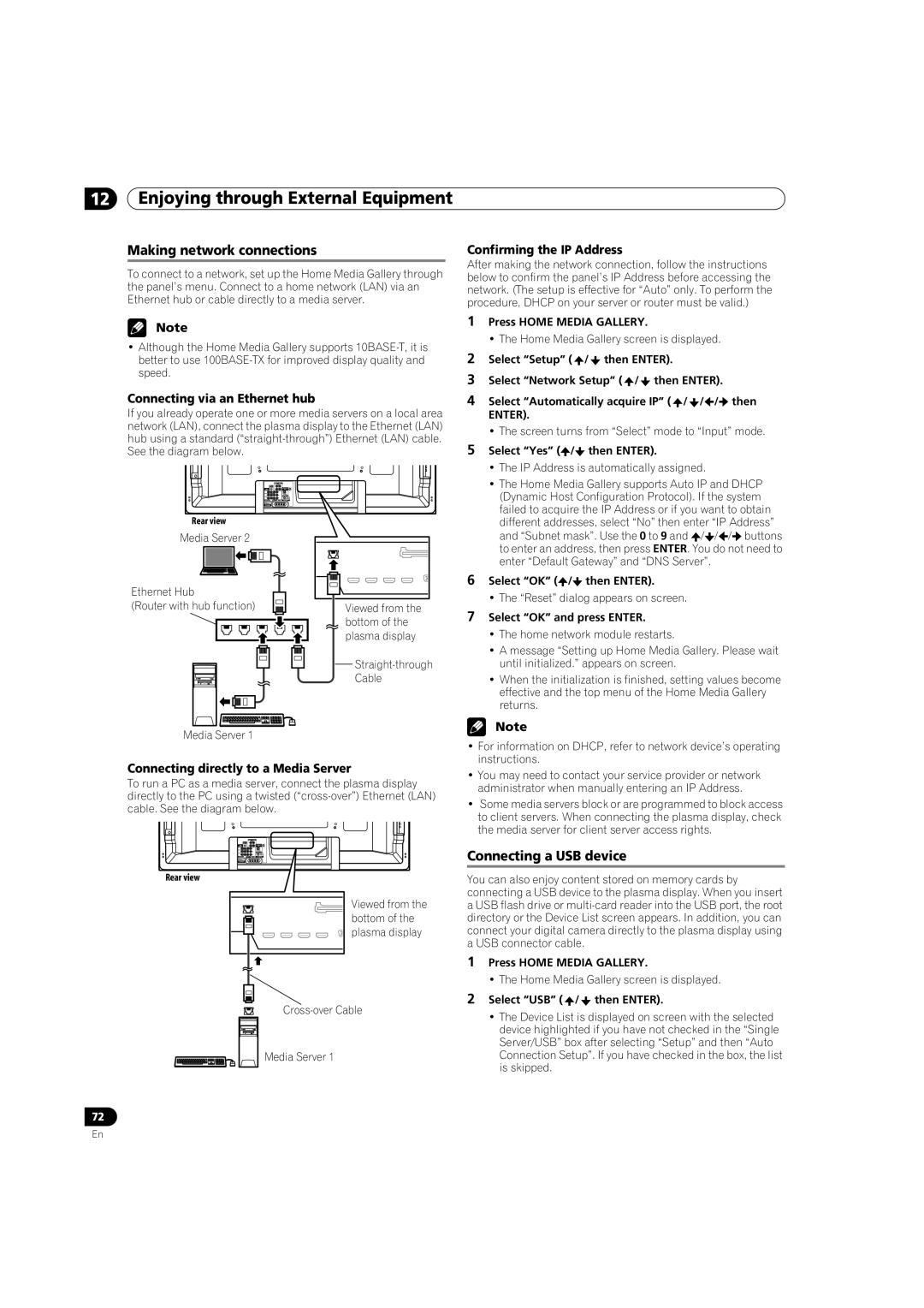 Pioneer PRO-950HD manual Making network connections, Connecting via an Ethernet hub, Connecting directly to a Media Server 