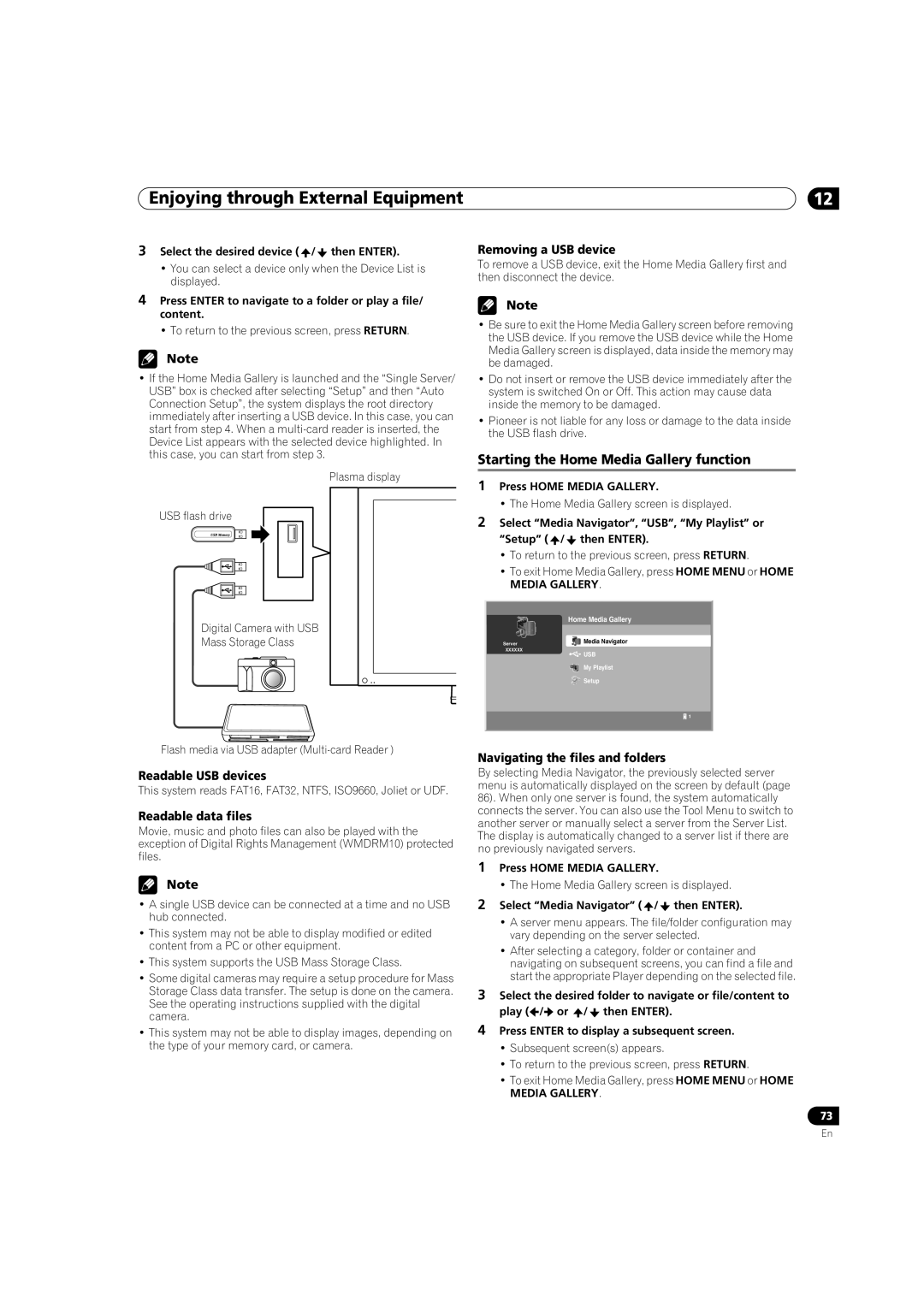 Pioneer PRO-950HD manual Starting the Home Media Gallery function, Removing a USB device, Readable USB devices 