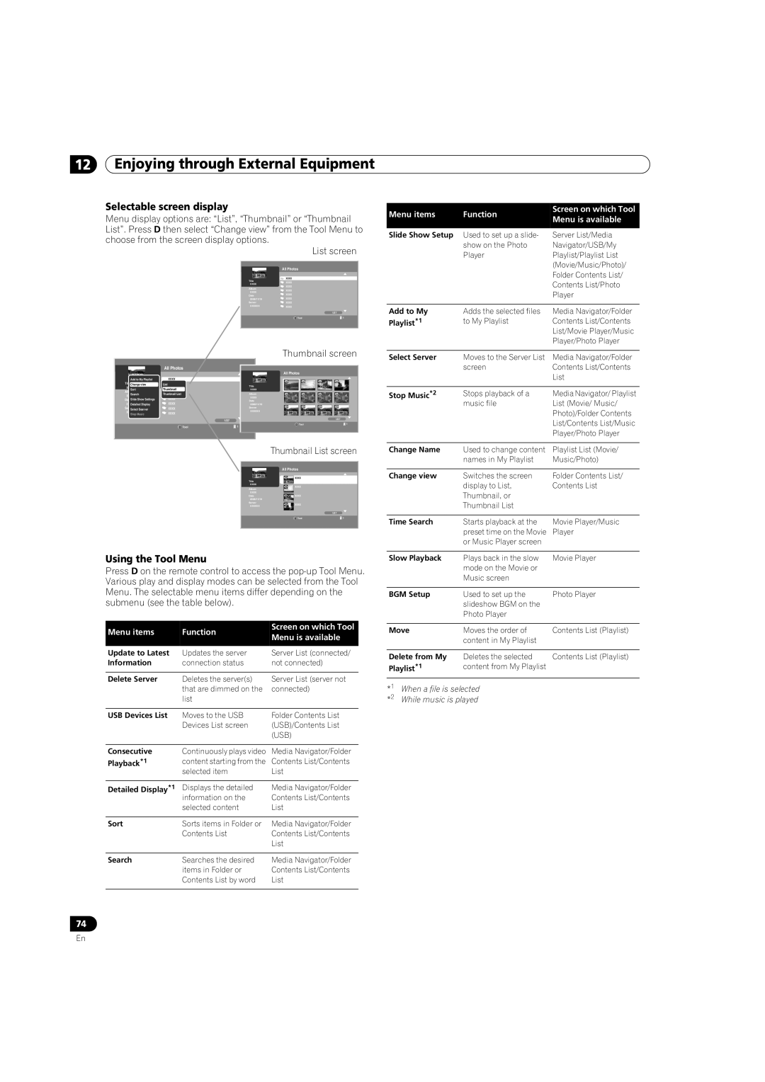 Pioneer PRO-950HD manual Selectable screen display, Using the Tool Menu, Thumbnail screen, Thumbnail List screen 