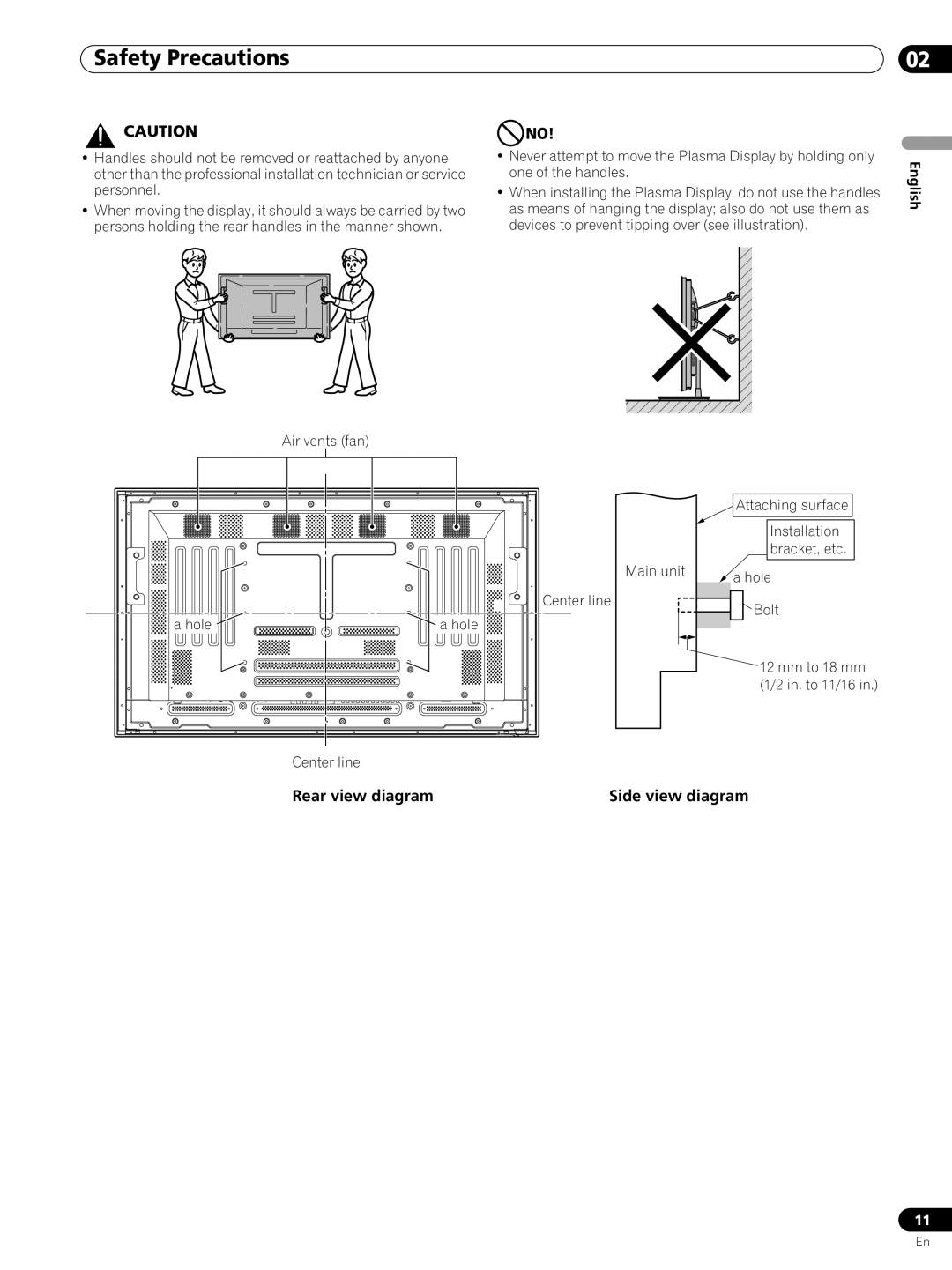 Pioneer PRO-FHD1 operating instructions Safety Precautions, Rear view diagram, English, Side view diagram 