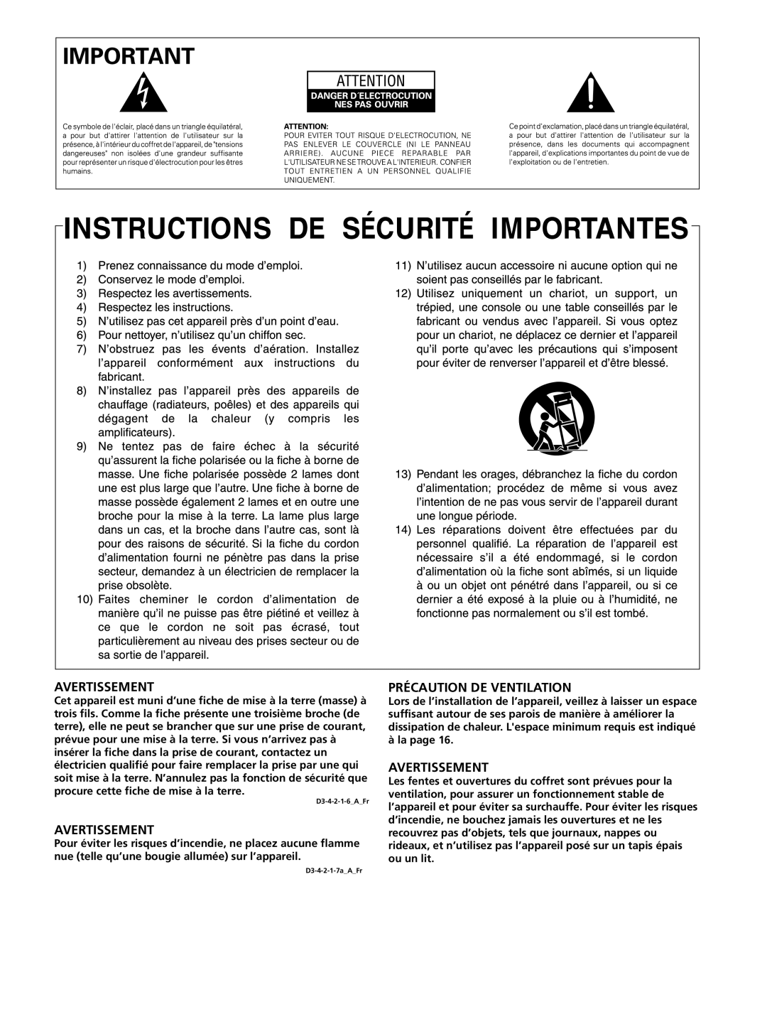Pioneer PRO-FHD1 operating instructions Avertissement, Précaution De Ventilation, D3-4-2-1-6AFr, D3-4-2-1-7aAFr 