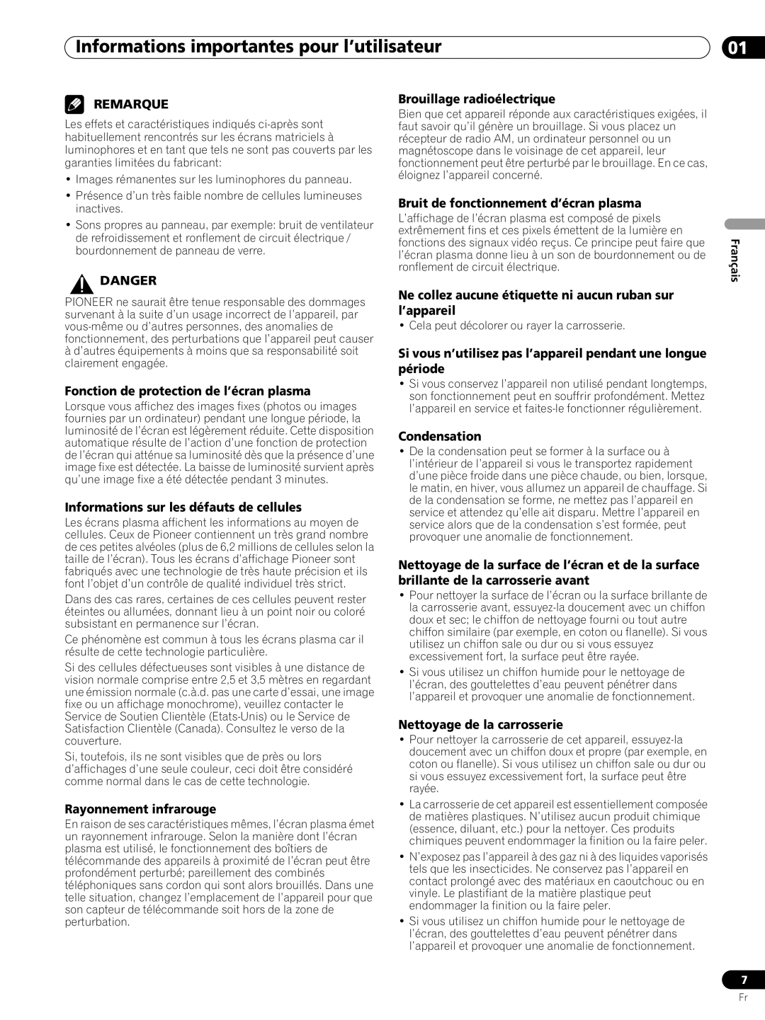 Pioneer PRO-FHD1 Informations importantes pour l’utilisateur, Remarque, Danger, Fonction de protection de l’écran plasma 