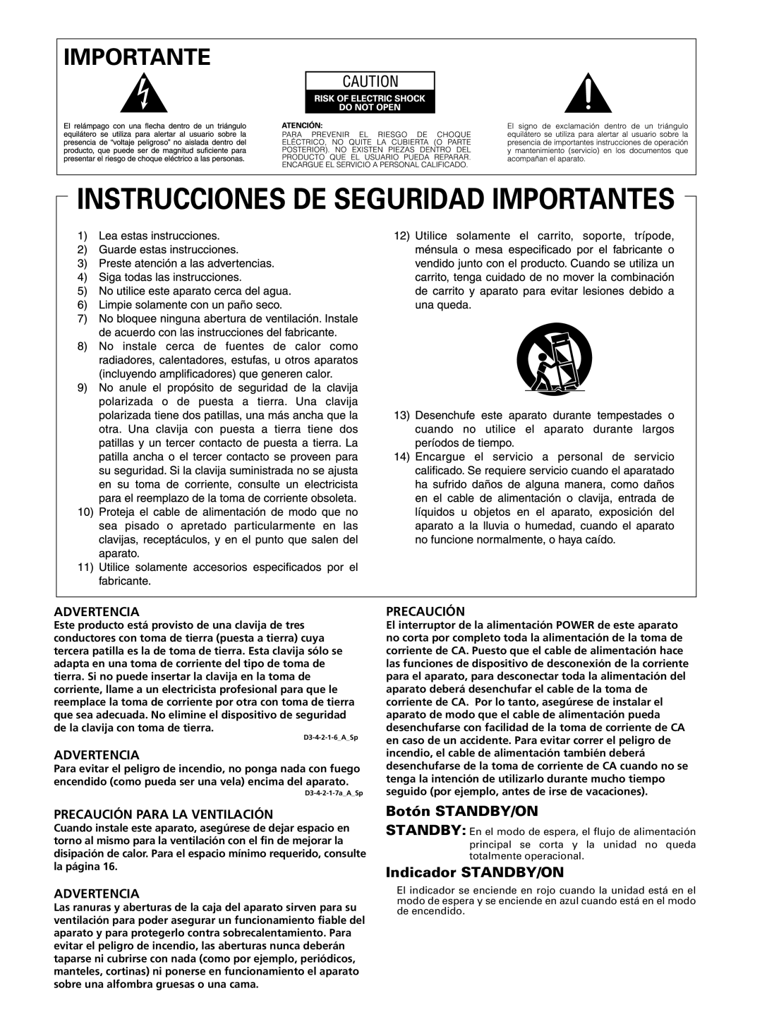 Pioneer PRO-FHD1 operating instructions Botón STANDBY/ON, Indicador STANDBY/ON, Advertencia, Precaución Para La Ventilación 