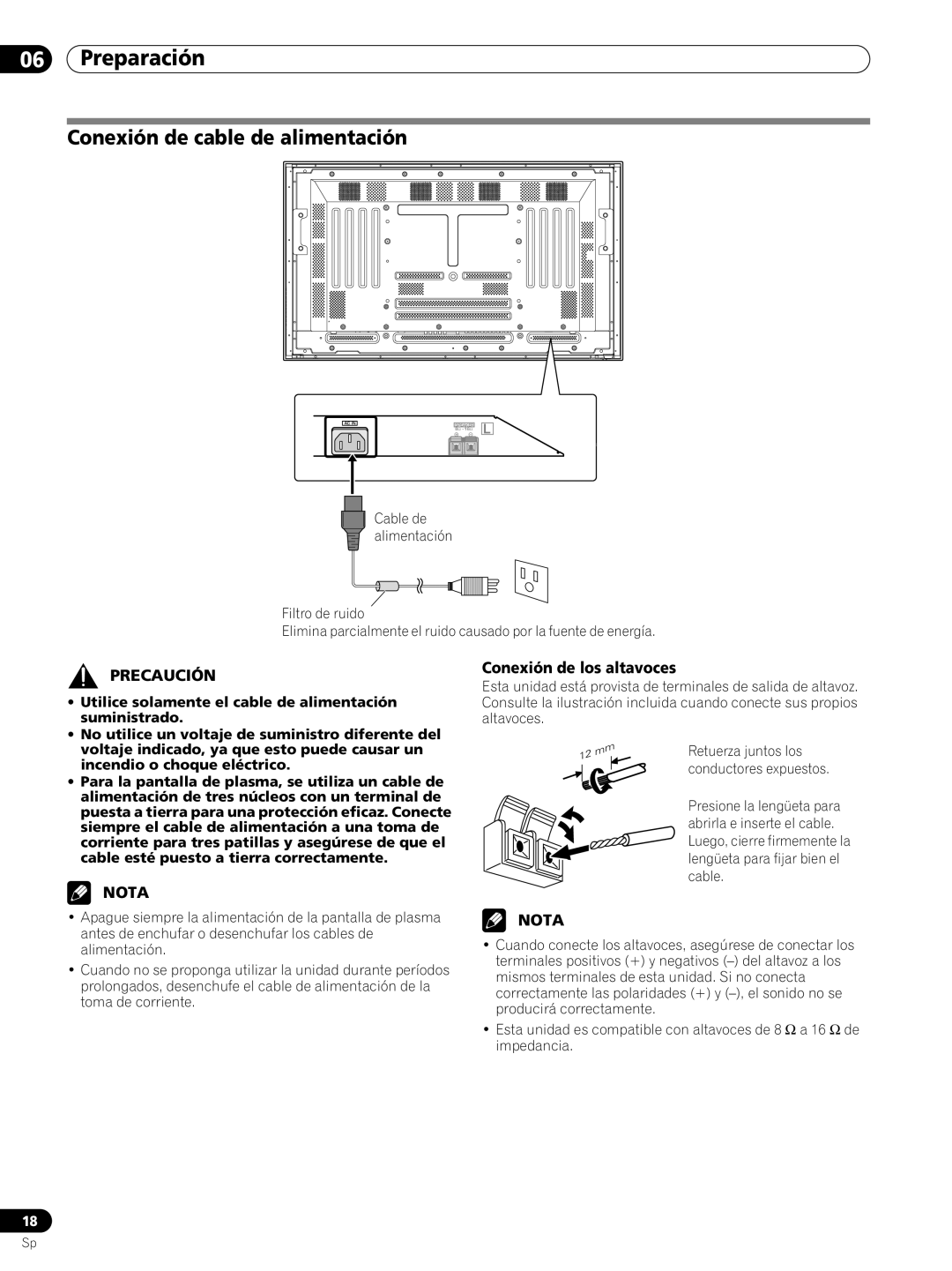 Pioneer PRO-FHD1 Conexión de cable de alimentación, Preparación, Precaución, Nota, Conexión de los altavoces 