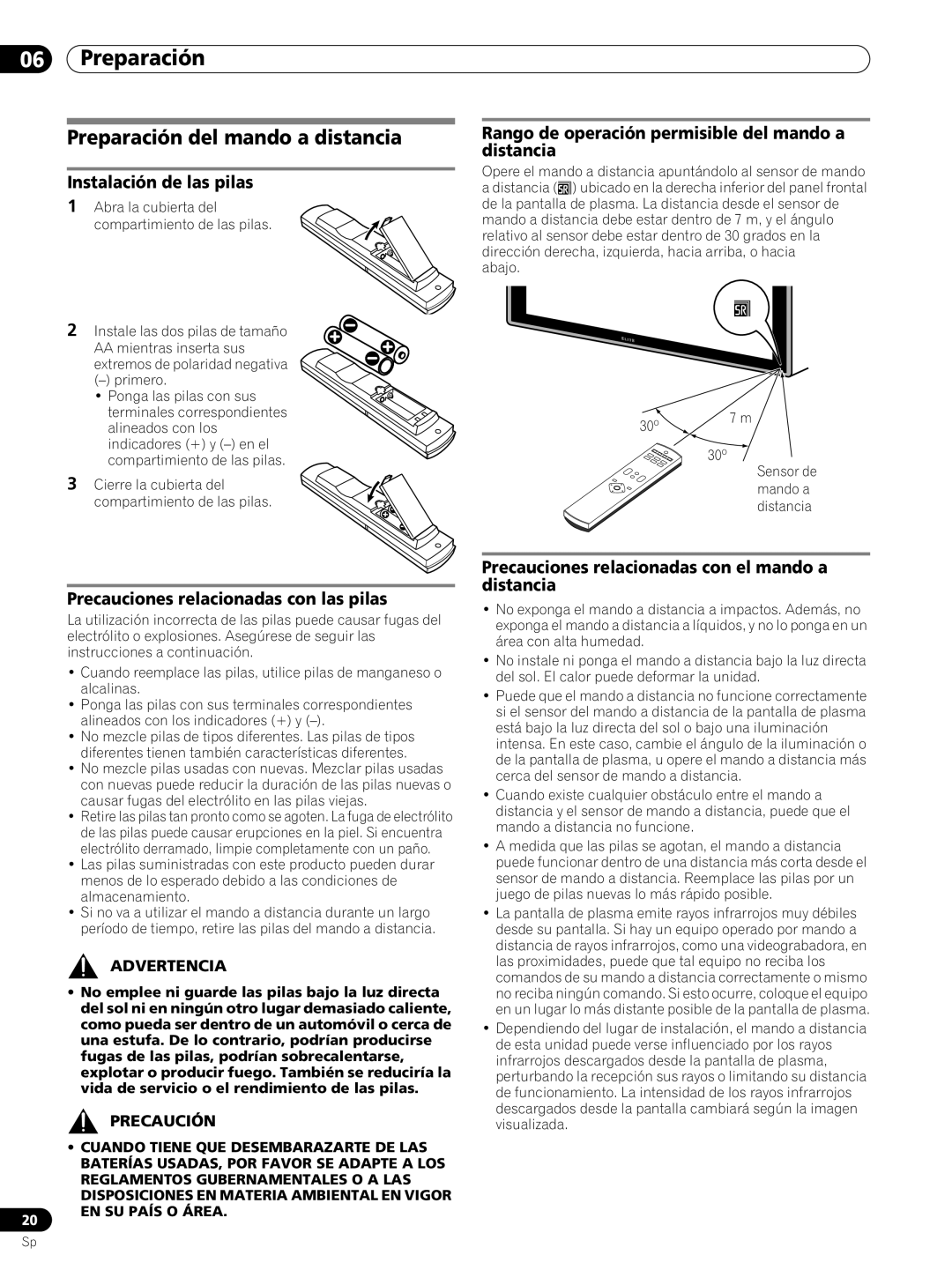 Pioneer PRO-FHD1 Preparación del mando a distancia, Instalación de las pilas, Precauciones relacionadas con las pilas 