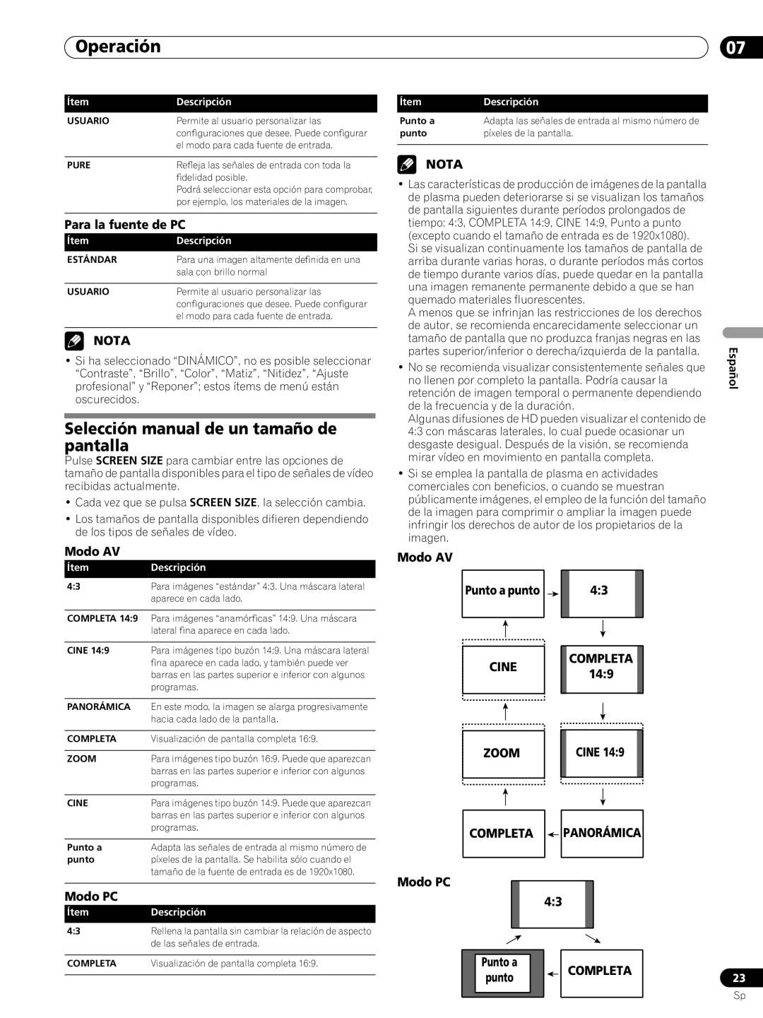 Pioneer PRO-FHD1 Selección manual de un tamaño de pantalla, Operación, Para la fuente de PC, Nota, Modo AV, Modo PC, Cine 