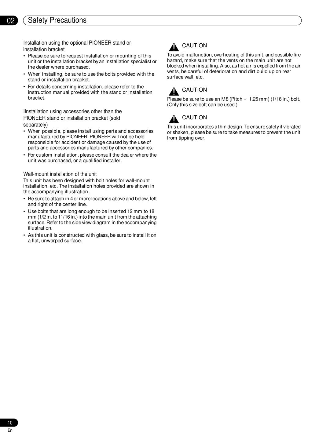 Pioneer PRO-FHD1 operating instructions Wall-mount installation of the unit 