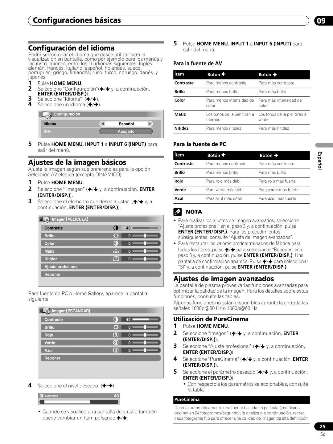 Pioneer PRO-FHD1 operating instructions Configuraciones básicas, Configuración del idioma, Ajustes de la imagen básicos 