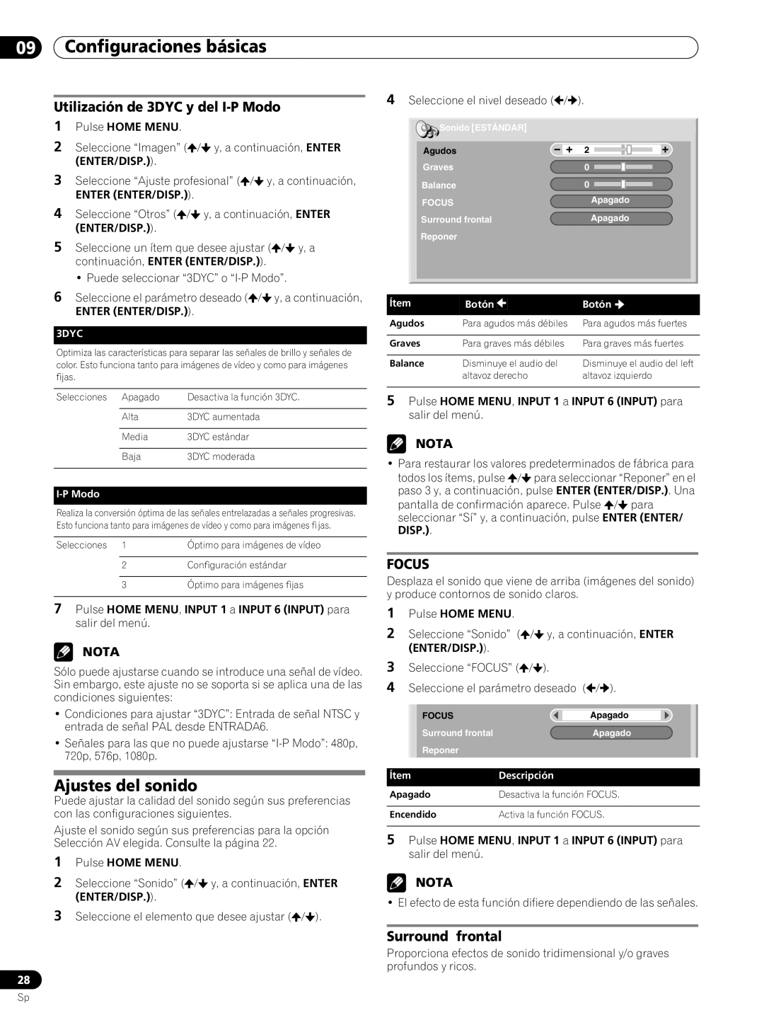 Pioneer PRO-FHD1 operating instructions Ajustes del sonido, Utilización de 3DYC y del I-P Modo, Surround frontal 