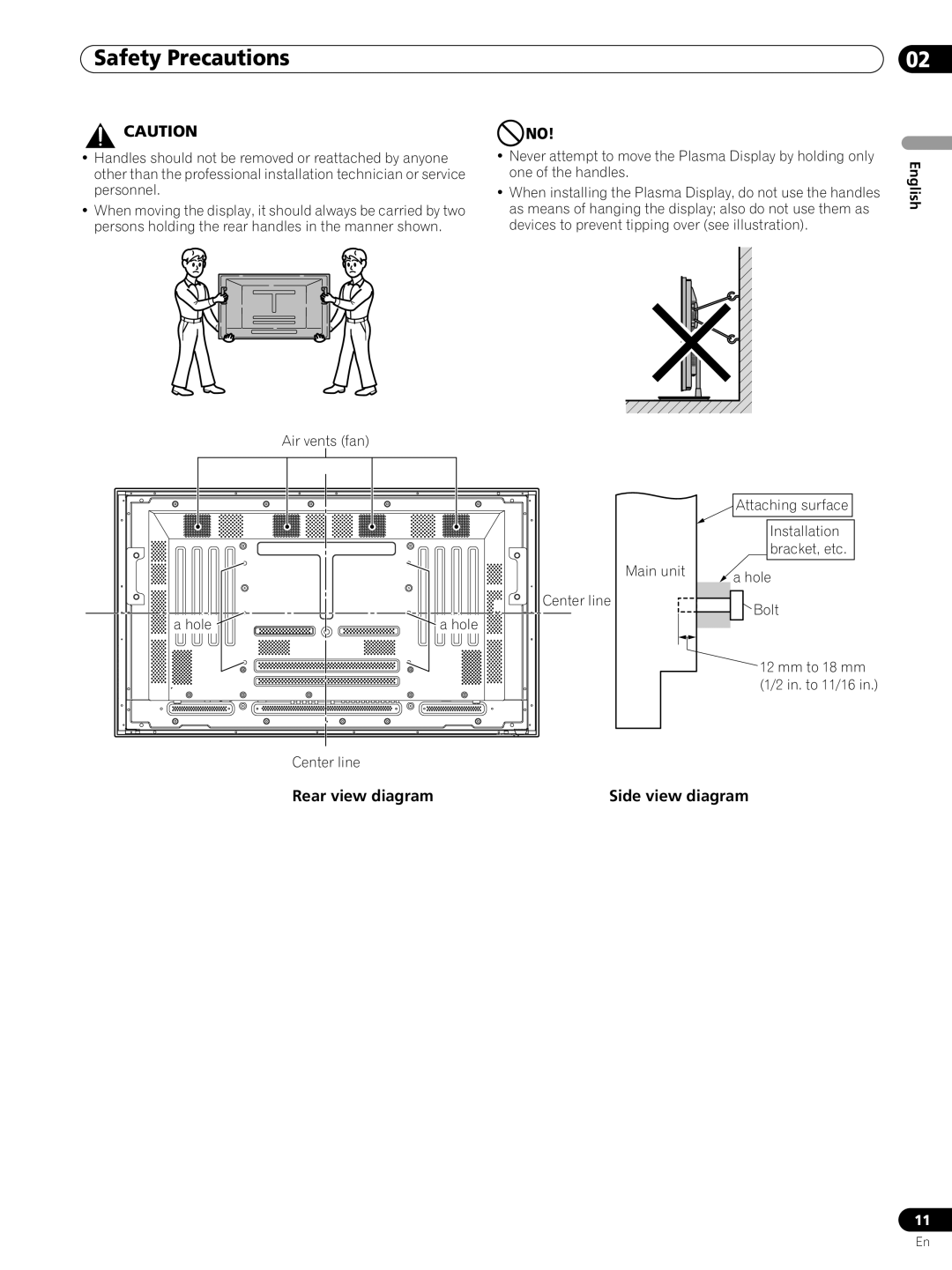 Pioneer PRO-FHD1 operating instructions Rear view diagram, Main unit, Center line, Hole, Side view diagram 