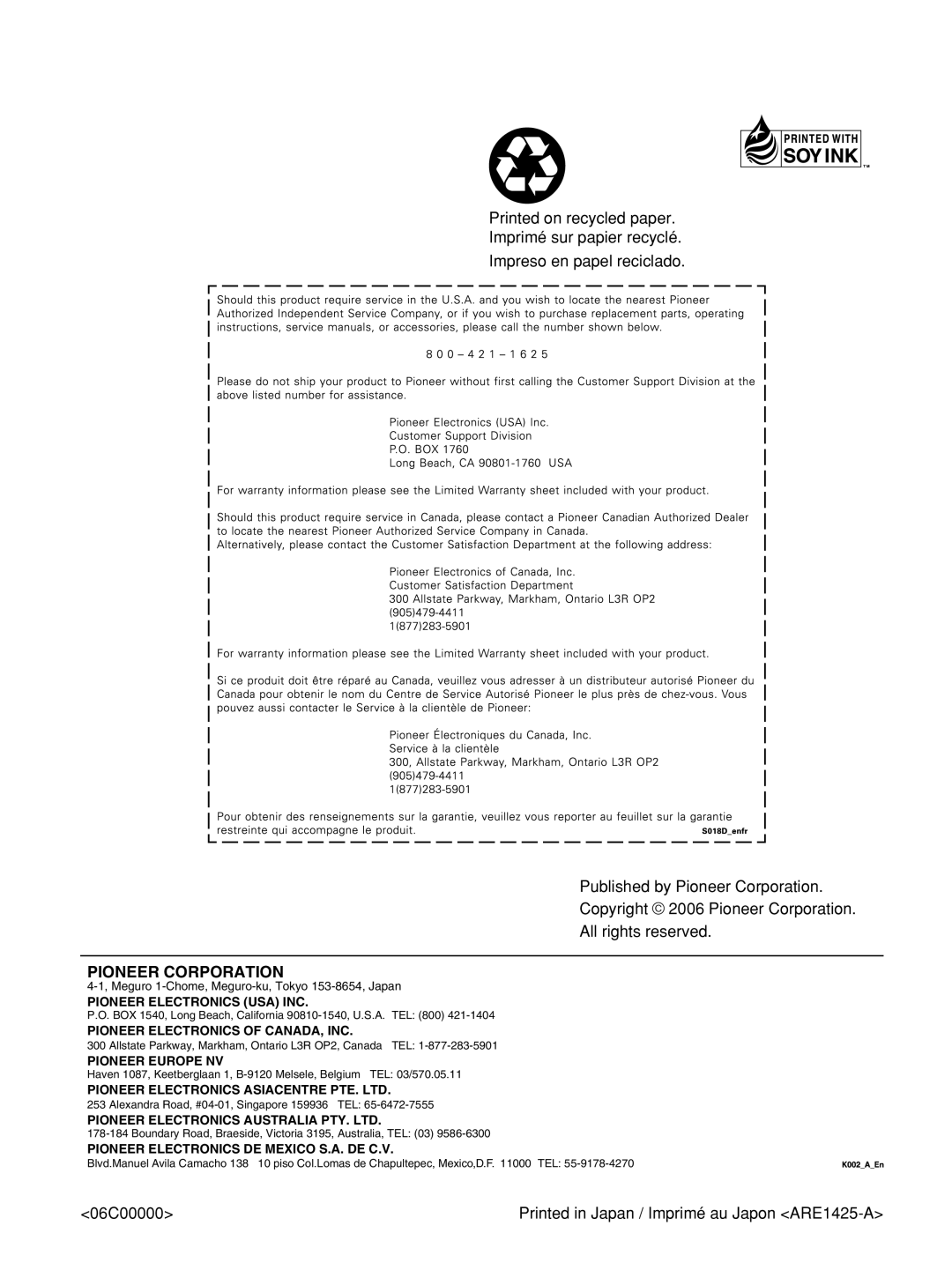 Pioneer PRO-FHD1 operating instructions Pioneer Corporation 