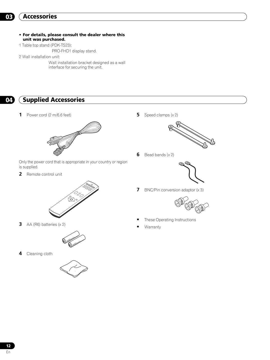 Pioneer PRO-FHD1 operating instructions Supplied Accessories, Accessories Accessories 