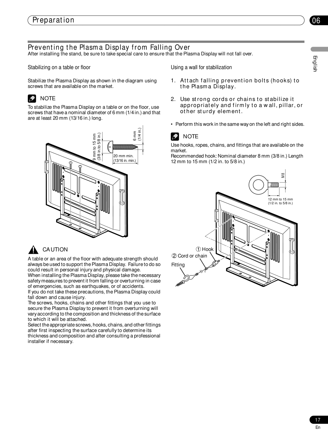 Pioneer PRO-FHD1 Preparation, Preventing the Plasma Display from Falling Over, Stabilizing on a table or floor 