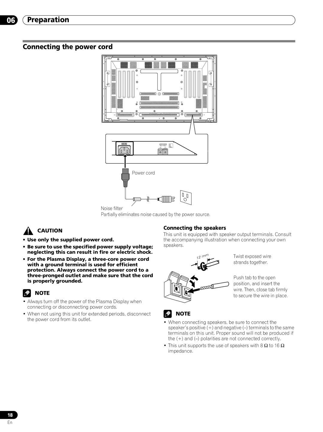 Pioneer PRO-FHD1 operating instructions Connecting the power cord, Connecting the speakers 