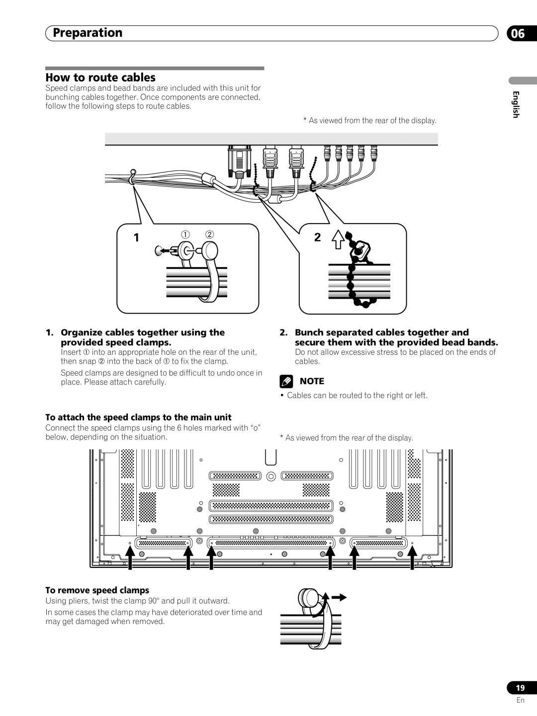 Pioneer PRO-FHD1 How to route cables, Organize cables together using the provided speed clamps, To remove speed clamps 