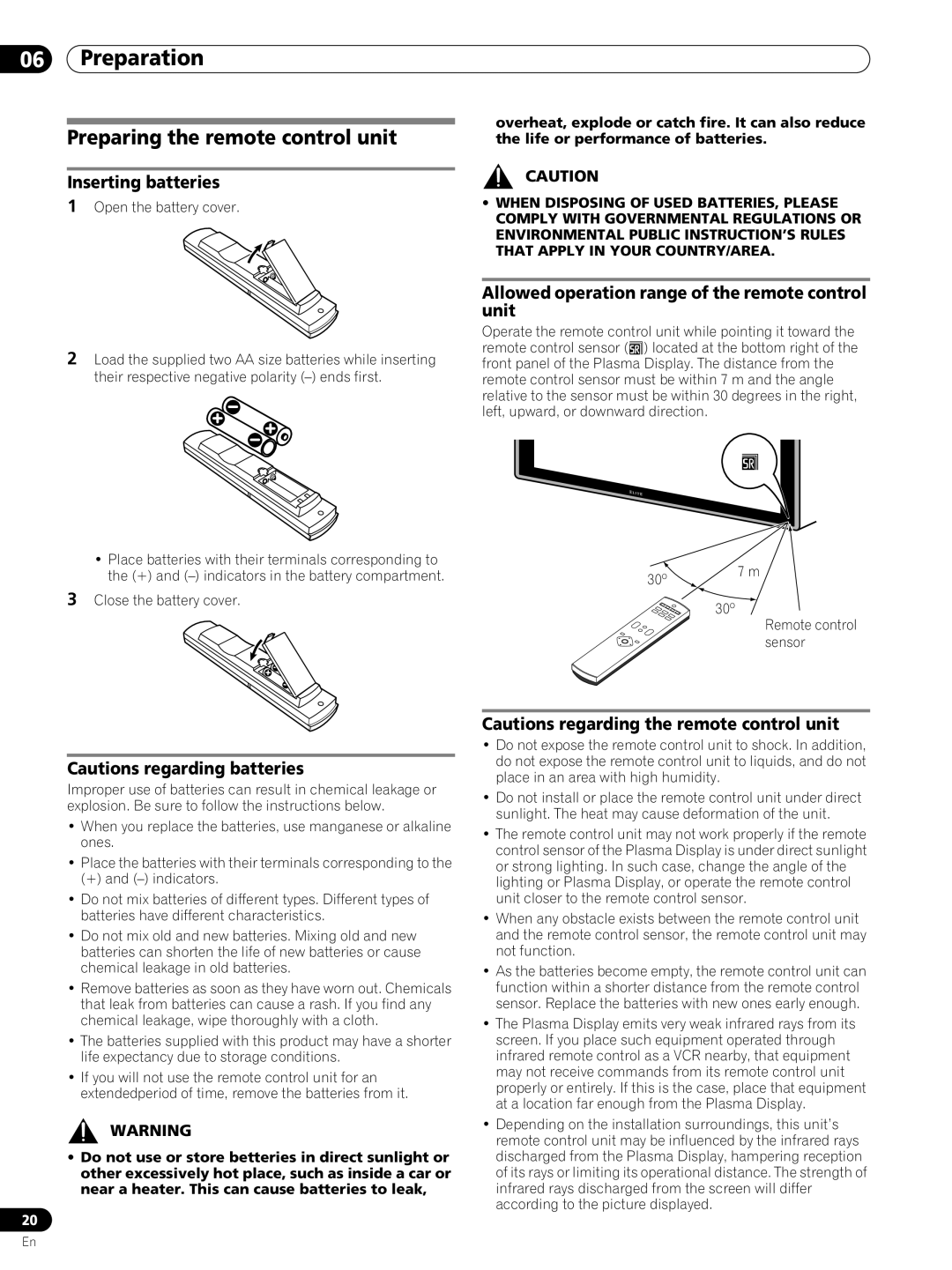 Pioneer PRO-FHD1 operating instructions Preparing the remote control unit, Inserting batteries, Open the battery cover 