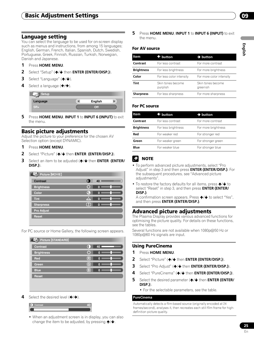 Pioneer PRO-FHD1 Basic Adjustment Settings, Language setting, Basic picture adjustments, Advanced picture adjustments 