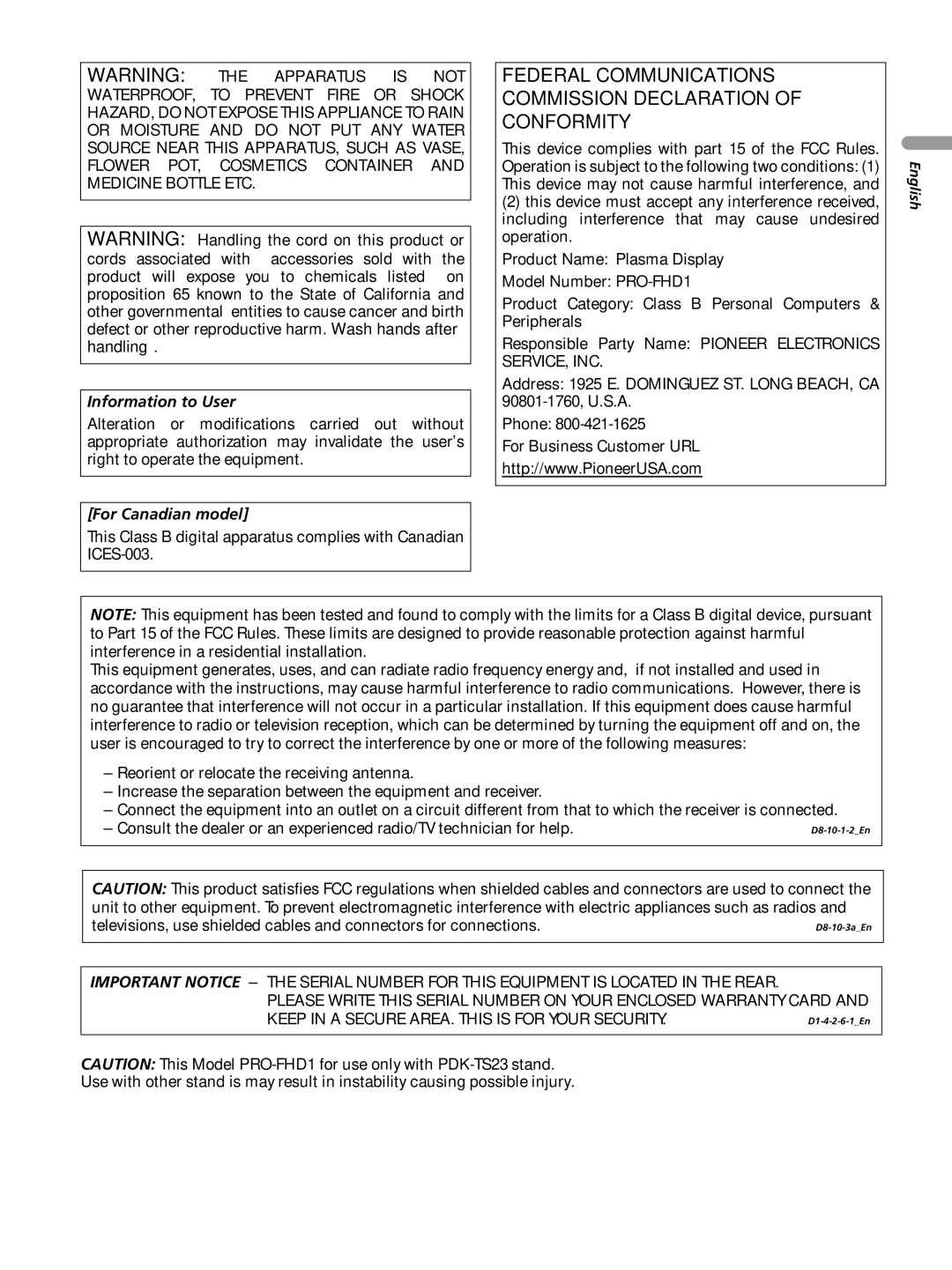 Pioneer PRO-FHD1 operating instructions Information to User, For Canadian model, English 