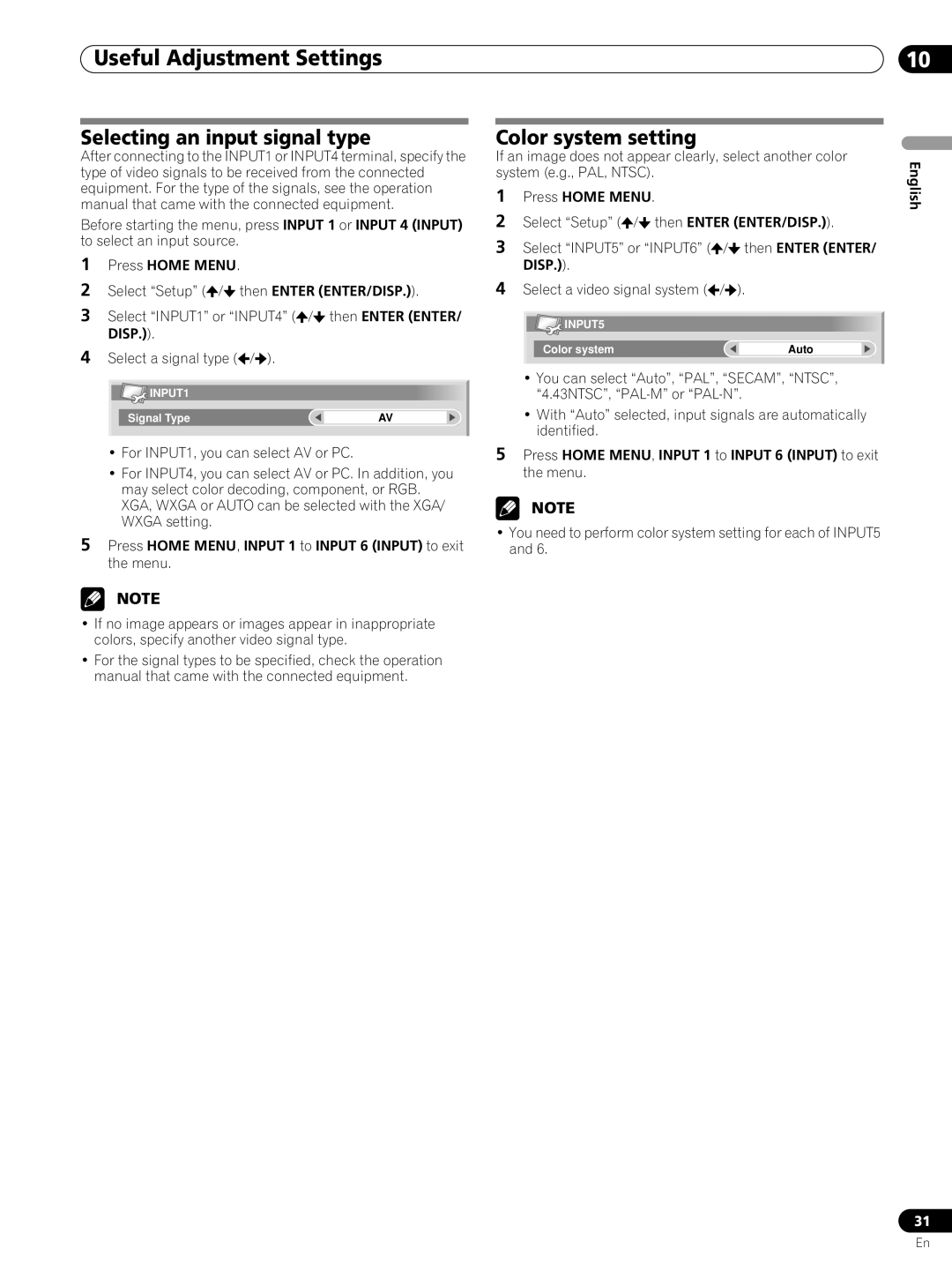 Pioneer PRO-FHD1 operating instructions Useful Adjustment Settings, Selecting an input signal type, Color system setting 