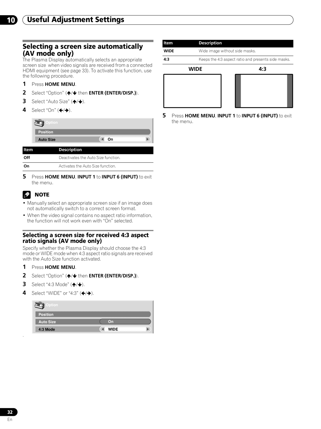 Pioneer PRO-FHD1 operating instructions Selecting a screen size automatically AV mode only, Description 