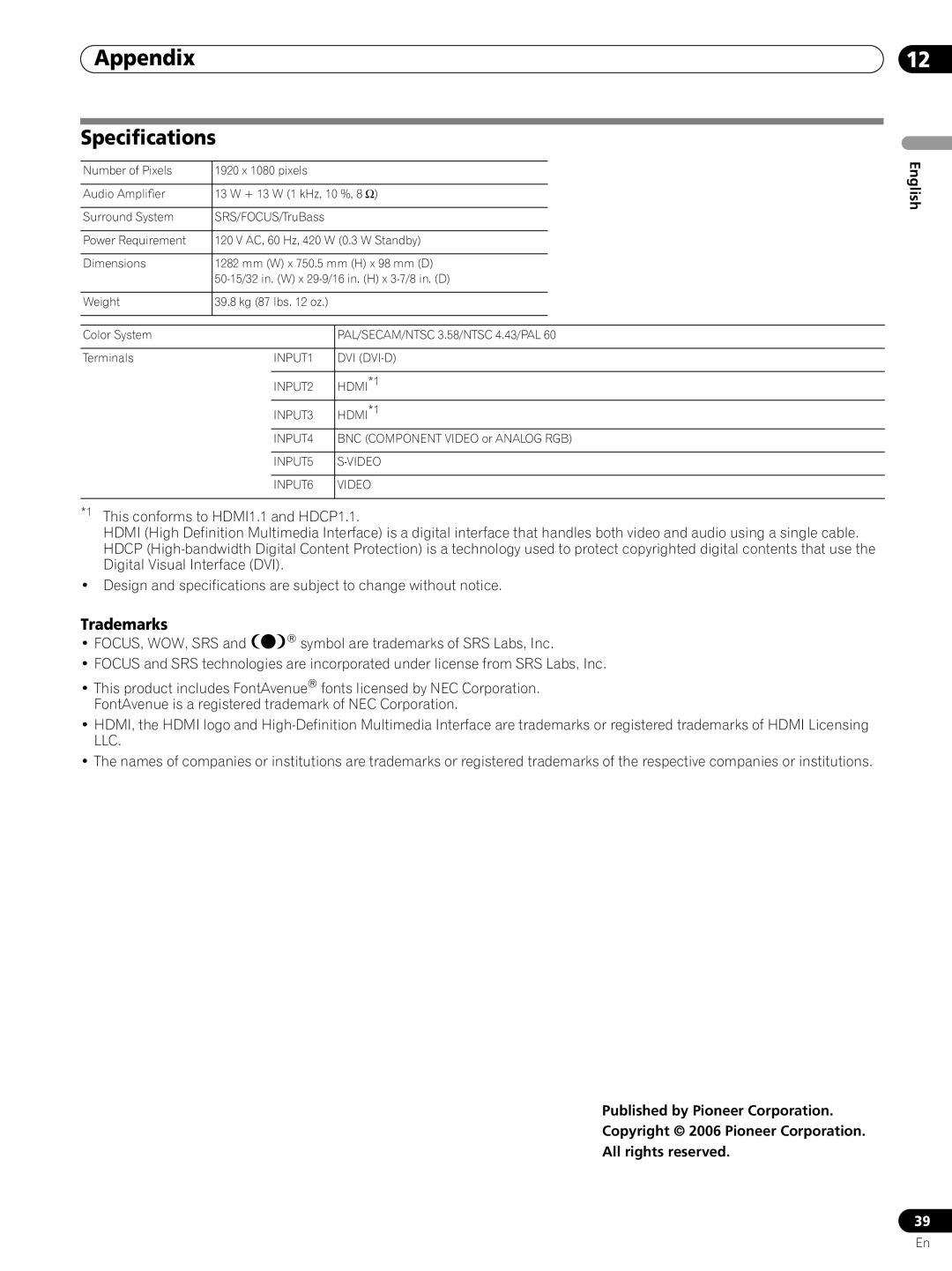 Pioneer PRO-FHD1 operating instructions Appendix, Specifications, Trademarks 