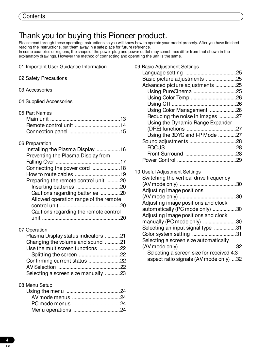 Pioneer PRO-FHD1 operating instructions Contents 