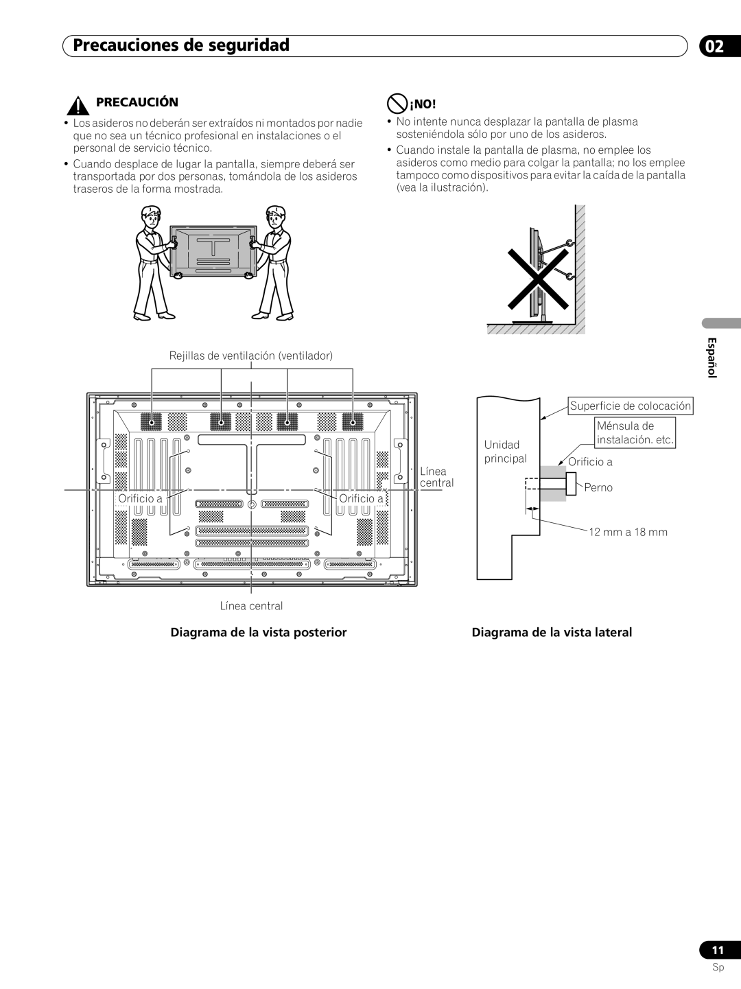 Pioneer PRO-FHD1 operating instructions ¡No, Diagrama de la vista posterior, Diagrama de la vista lateral 