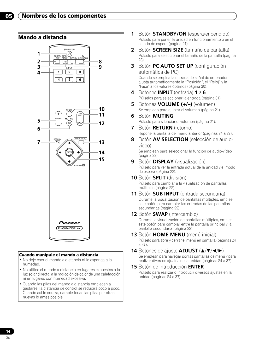 Pioneer PRO-FHD1 operating instructions Mando a distancia, Cuando manipule el mando a distancia 