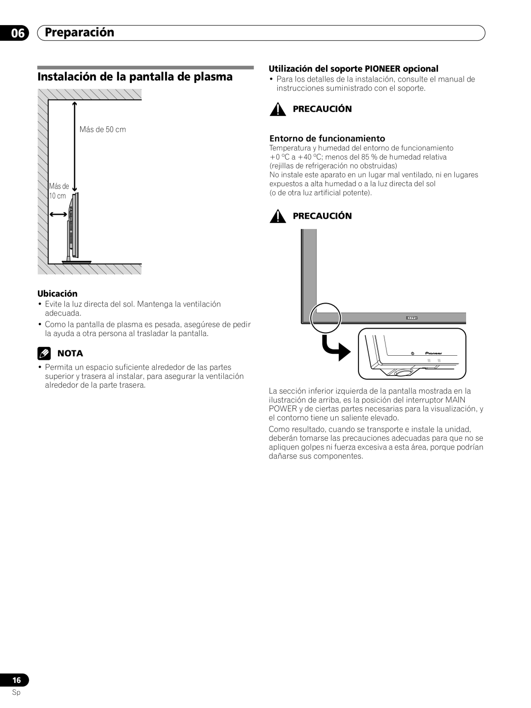 Pioneer PRO-FHD1 operating instructions Preparación, Instalación de la pantalla de plasma 