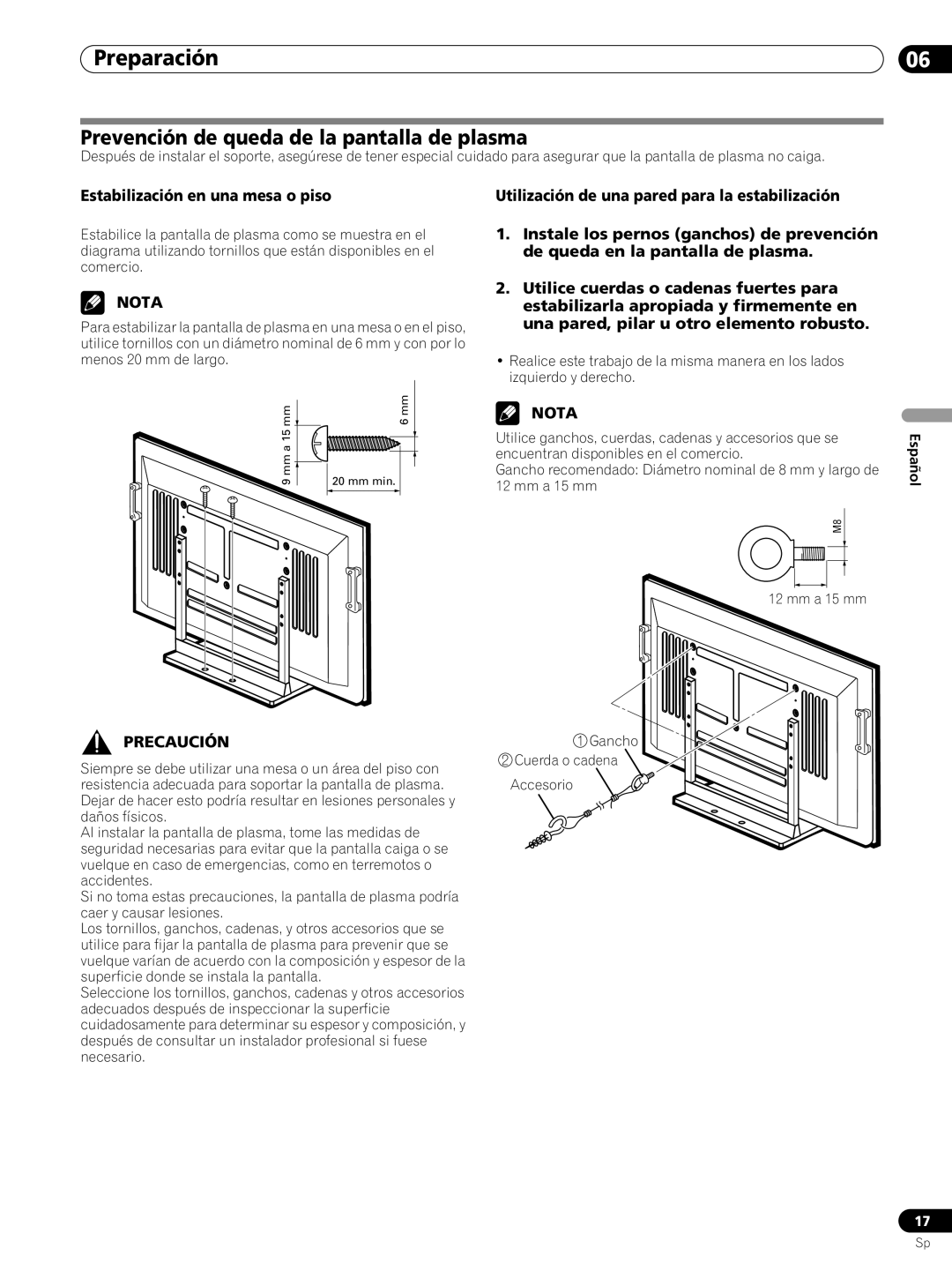 Pioneer PRO-FHD1 Prevención de queda de la pantalla de plasma, Instale los pernos ganchos de prevención 