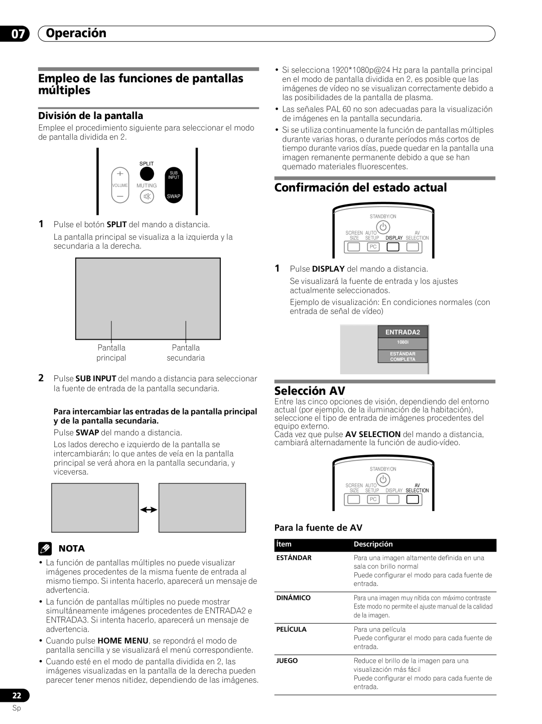 Pioneer PRO-FHD1 Empleo de las funciones de pantallas múltiples, Confirmación del estado actual, Selección AV 