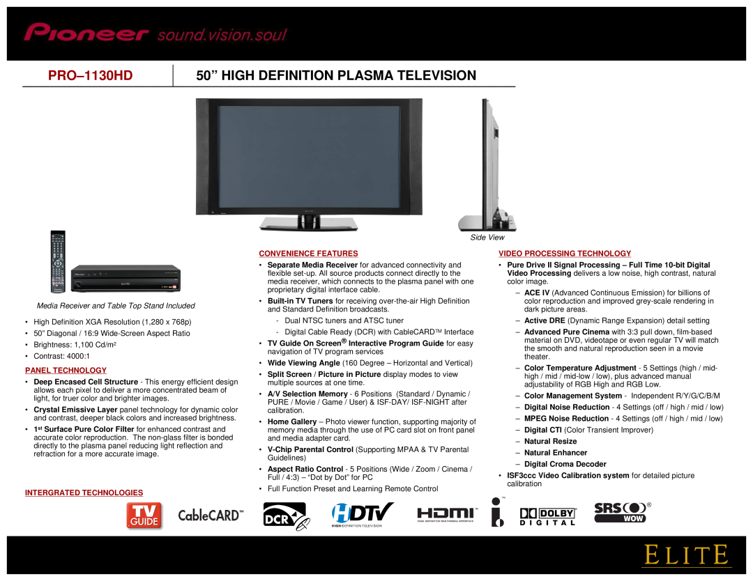 Pioneer PRO1130HD manual PRO-1130HD, 50” HIGH DEFINITION PLASMA TELEVISION, Panel Technology, Intergrated Technologies 