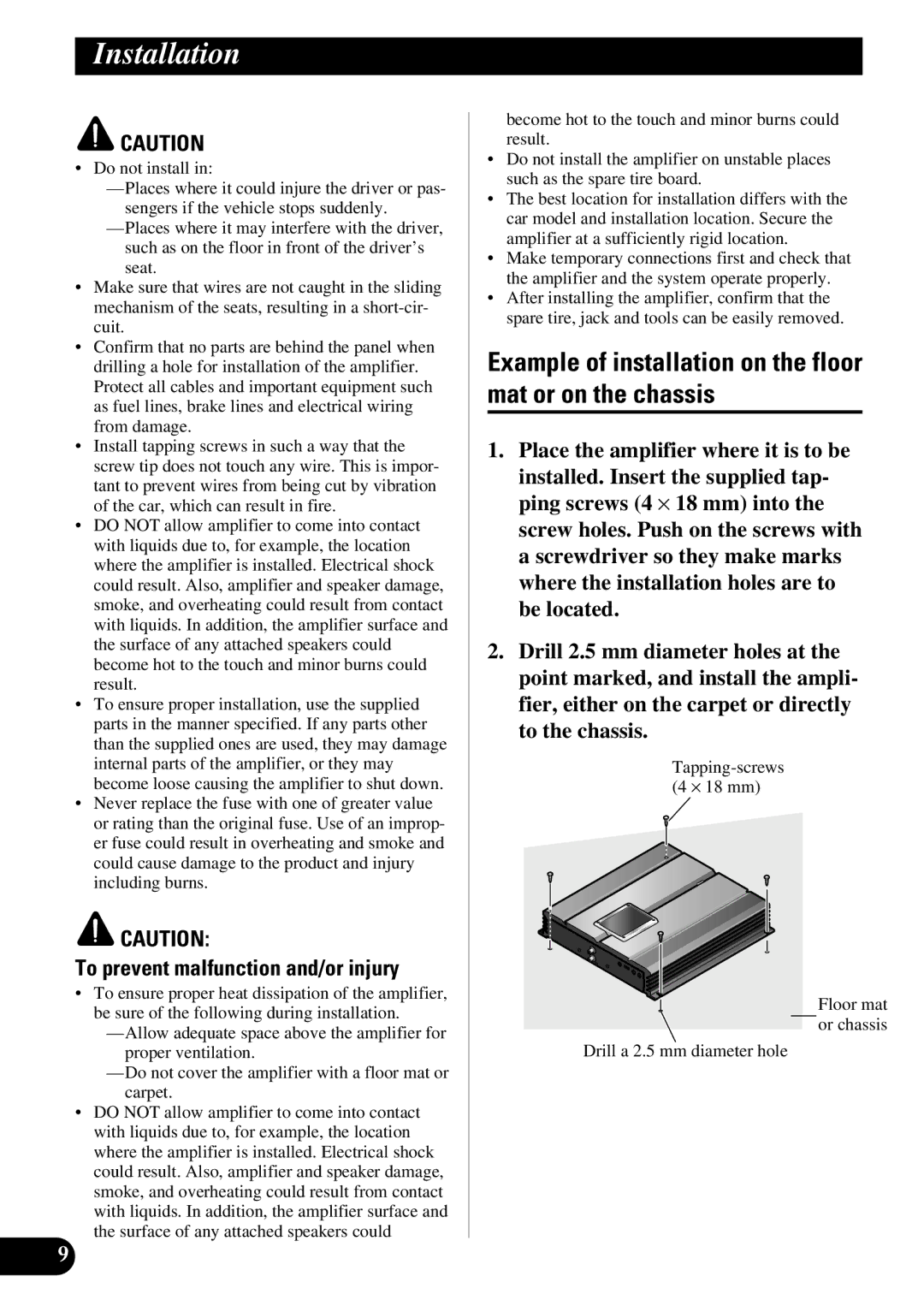 Pioneer PRS-A500 Installation, Example of installation on the floor mat or on the chassis, Tapping-screws 4 ⋅ 18 mm 