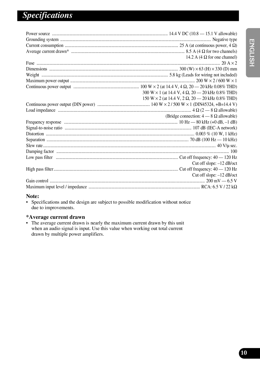 Pioneer PRS-A500 owner manual Specifications, Average current drawn 