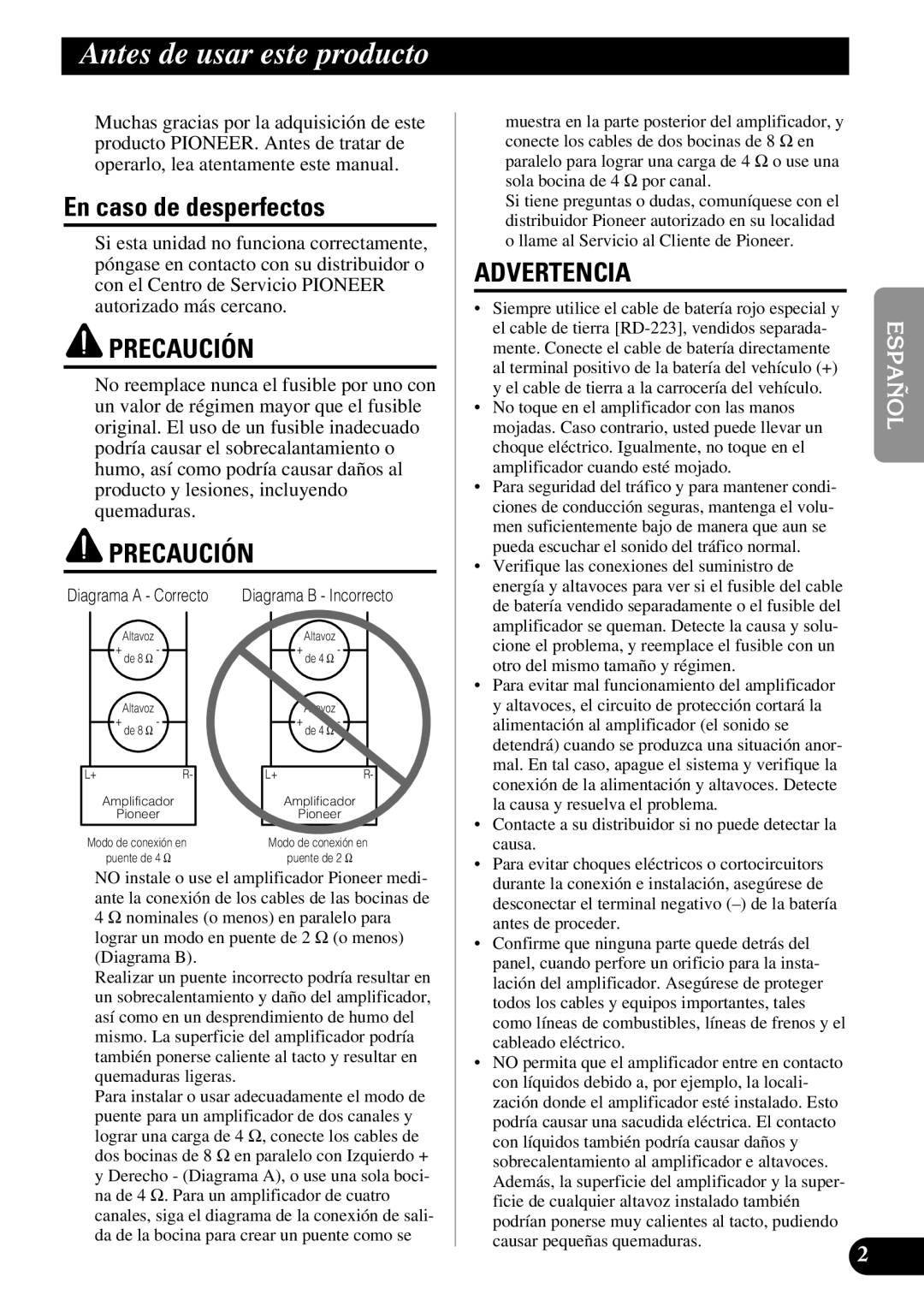 Pioneer PRS-A500 owner manual Antes de usar este producto, En caso de desperfectos 