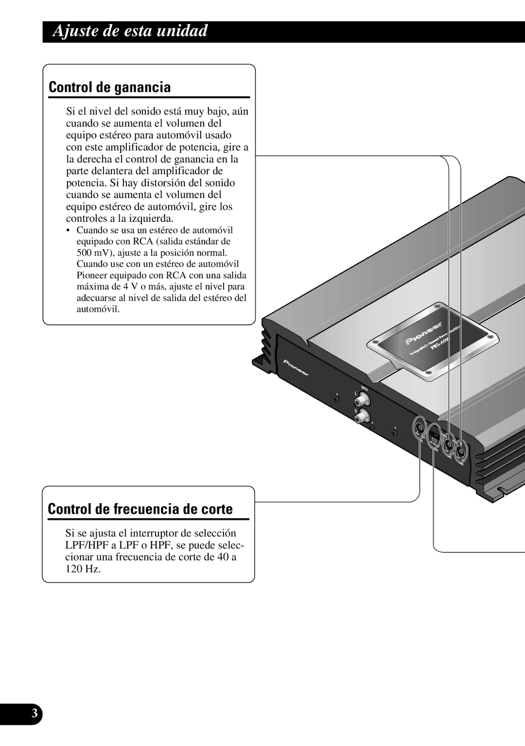 Pioneer PRS-A500 owner manual Ajuste de esta unidad, Control de ganancia, Control de frecuencia de corte 