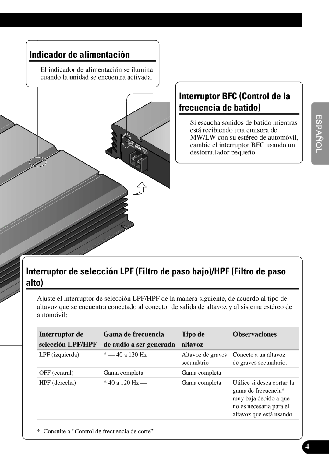 Pioneer PRS-A500 owner manual Indicador de alimentación, Interruptor BFC Control de la frecuencia de batido 