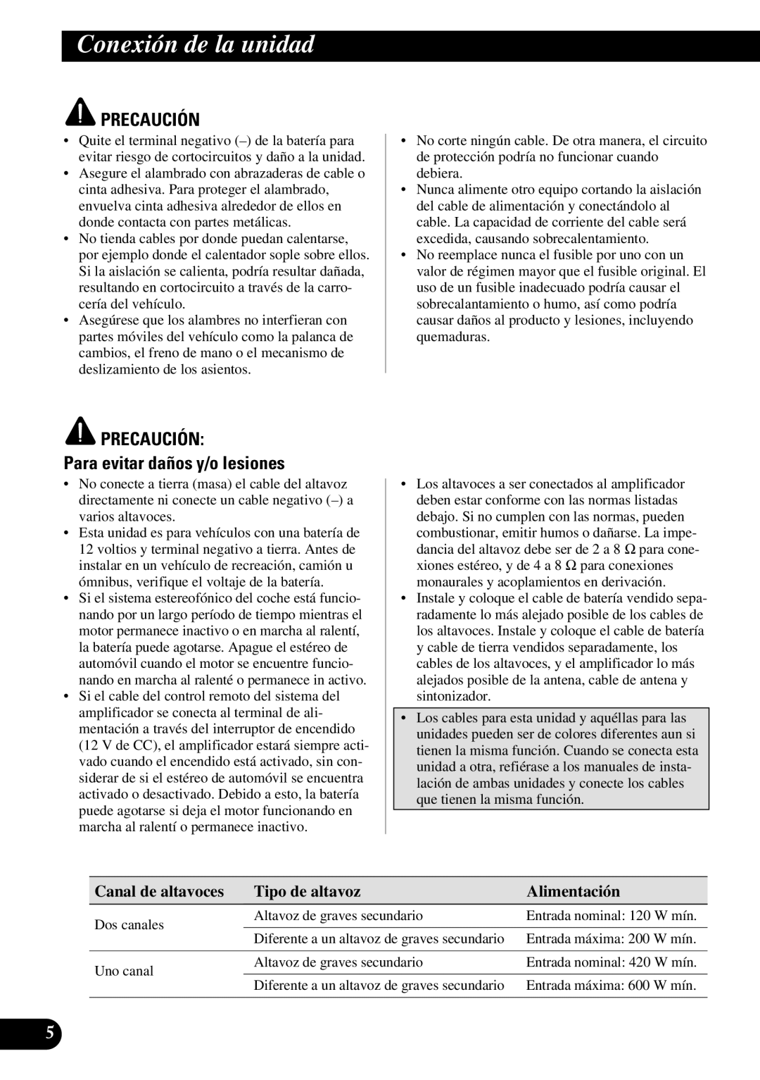 Pioneer PRS-A500 owner manual Conexión de la unidad, Precaución, Para evitar daños y/o lesiones 