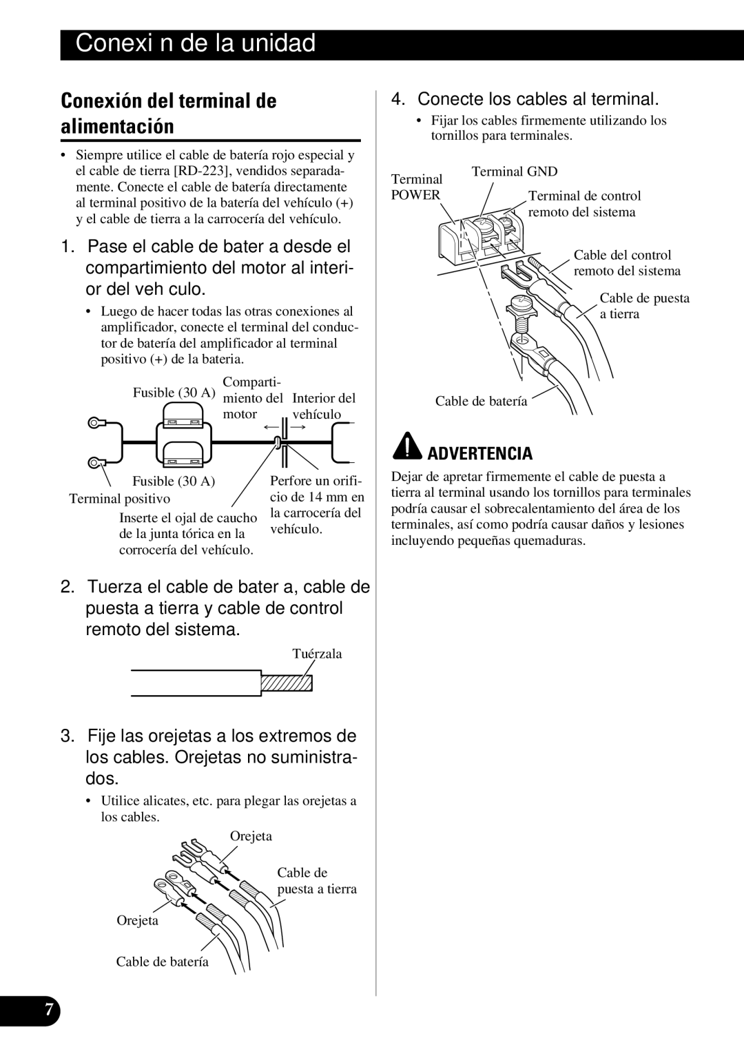 Pioneer PRS-A500 owner manual Conexión del terminal de alimentación, Conecte los cables al terminal, Advertencia 