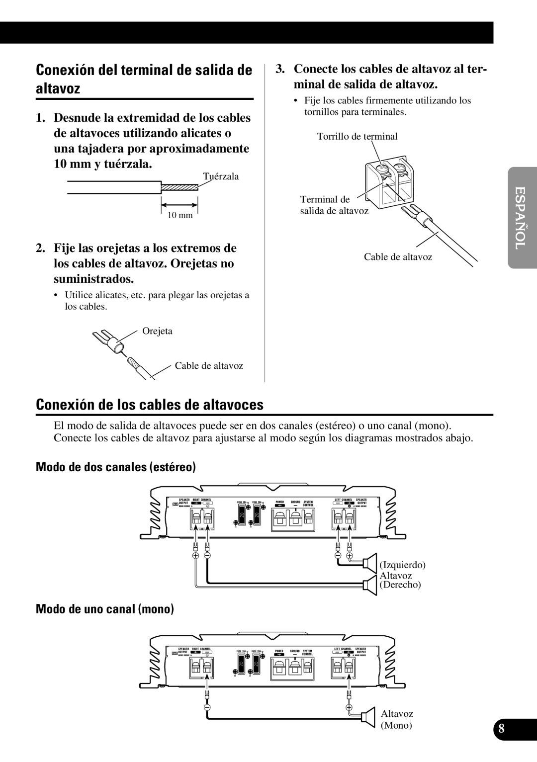 Pioneer PRS-A500 Conexión del terminal de salida de altavoz, Conexión de los cables de altavoces, Modo de uno canal mono 